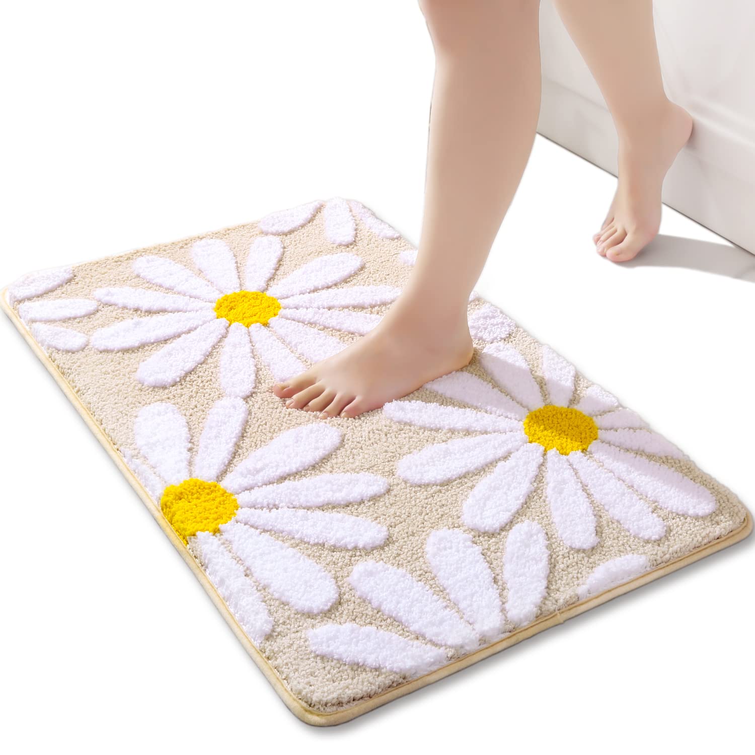 QJHOMO Beige Bath Mat White Flower Rug 40 x 60 cm, Non Slip Bath Mats for Bathroom, Soft Microfiber Bathroom Mat, Machine Washable Rug Durable Bathmat, Super Absorbent Floor Mat for Shower — image 1