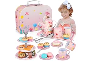 WUPUAAIT Kids Tea Party Set for Little Girls Birthday Gift Toys for 3 4 5 6 7 8 Year Old Girls, Cute Princess Play Toddlers Tin Tea Set, Pretend Toys with Desserts, Flower Teapot & Teacup & Carrying Case