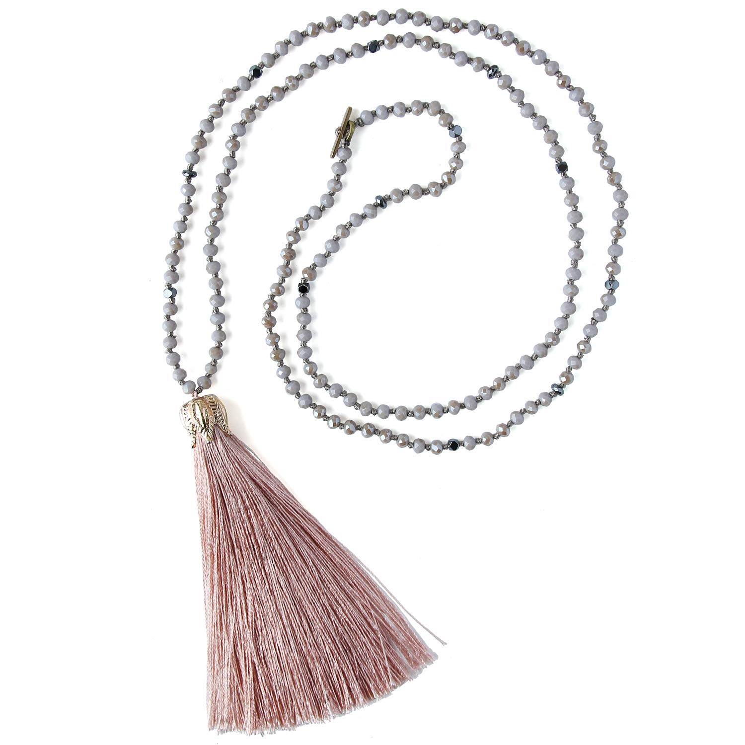 C·QUAN CHI Tassel Pendant Necklace Handmade Long Beaded Necklaces Crystal Necklace Bohemian Jewelry for Women Gifts - Lotus Pink, Average, Glass, No Gemstone