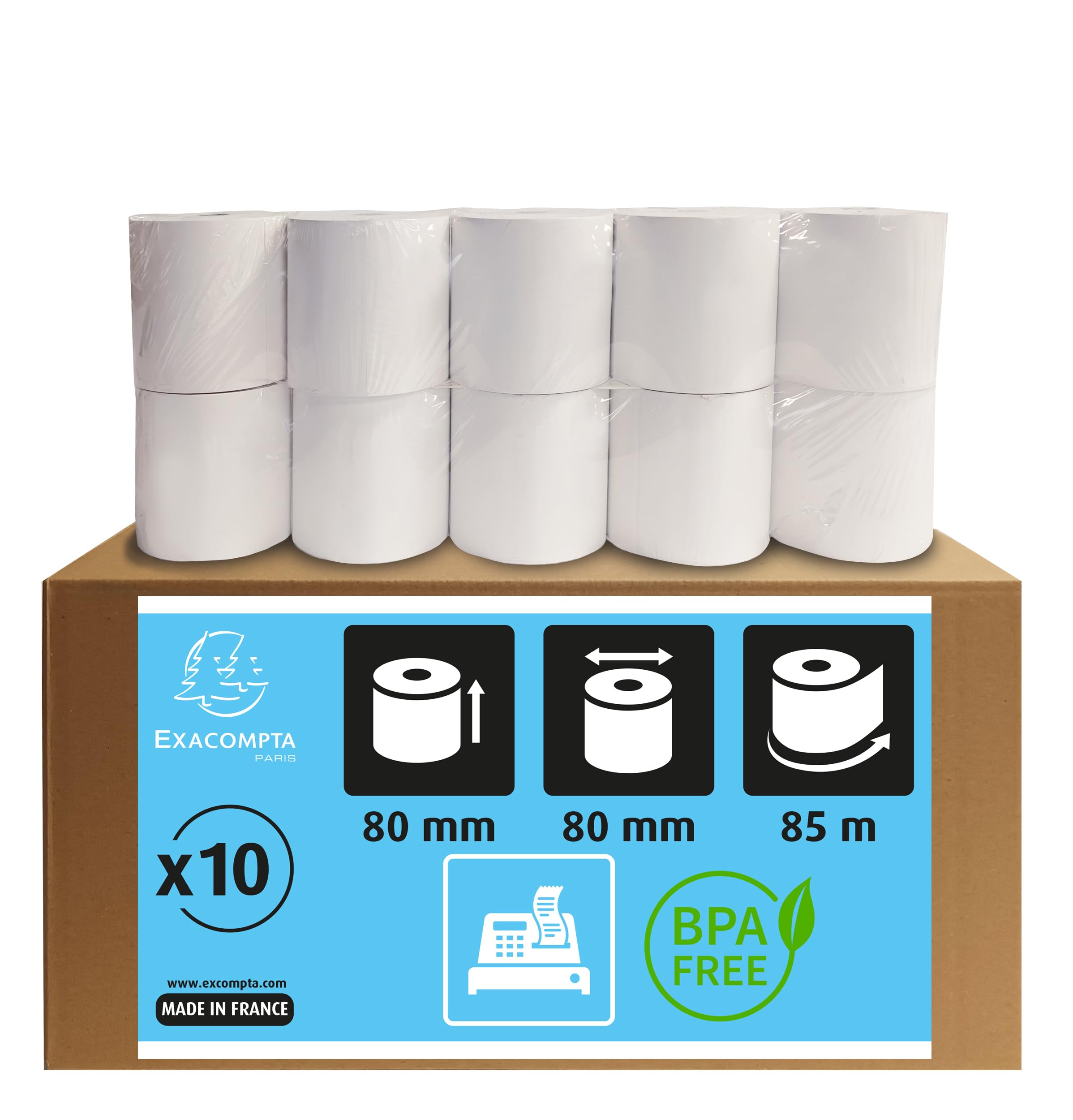 Exacompta - Ref 43809E - Cash Register Receipt Roll (Pack of 10 Rolls) - 80mm Width x 85m Length, Suitable for Shops, Kiosks, Cafés, Restaurants, Card Payments