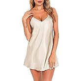 Vlazom Satin Nightshirts Sexy Silk Nightdress Spaghetti Strap Short Negligee Chemise Slip with Deep V Neck