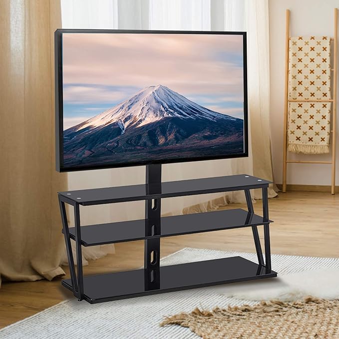 TV Floor Stand Flat Bottom, 3 Tier Tempered Glass Shelf TV