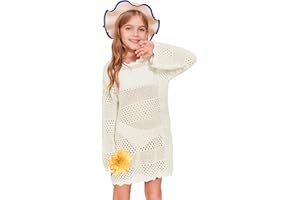 Batermoon Girls Crochet Long Sleeve Swimsuit Cover Up Kids Fashion Hollow Out Swimwear Beach Dress 5-14 Years