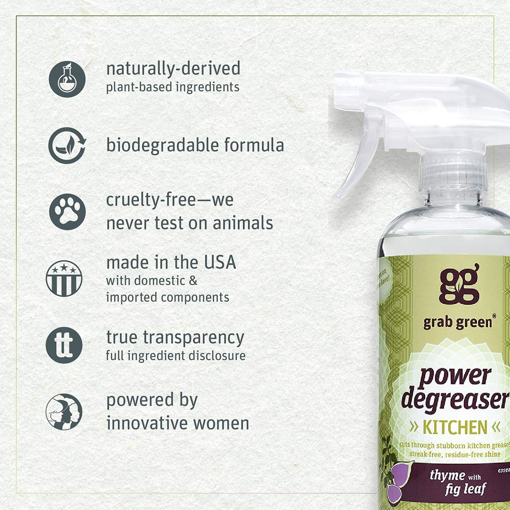 Grab Green Kitchen Power Degreaser, 16 Ounce (Pack of 3), Thyme Fig Leaf Scent, Biodegradable, Plant and Mineral Based, Cuts Through Tough Grease and Grime