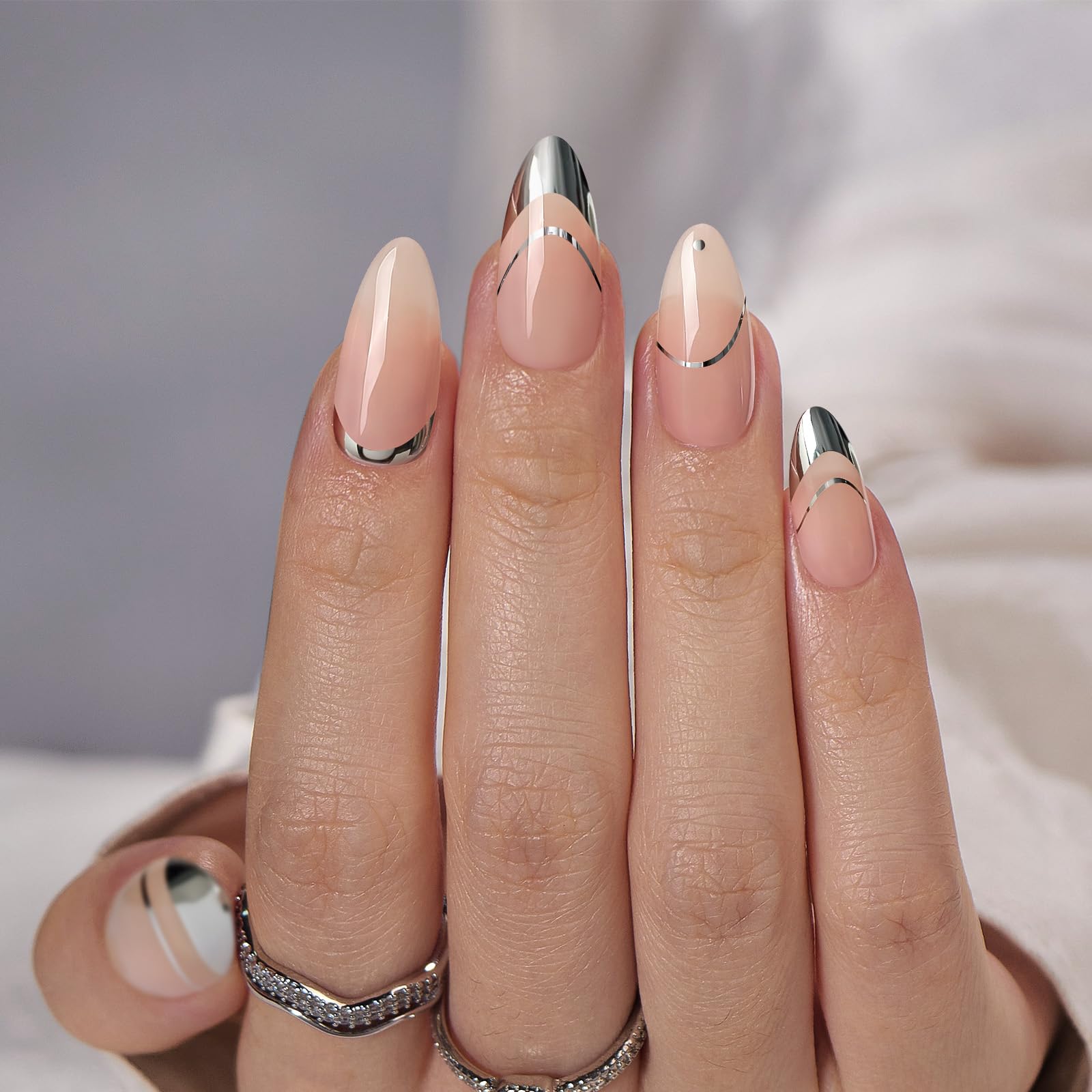 Photo 1 of BTArtbox Press On Nails Almond - French Tip Press on nails, Medium Glue On Nails with Nail Glue, Silver Stick On Nails