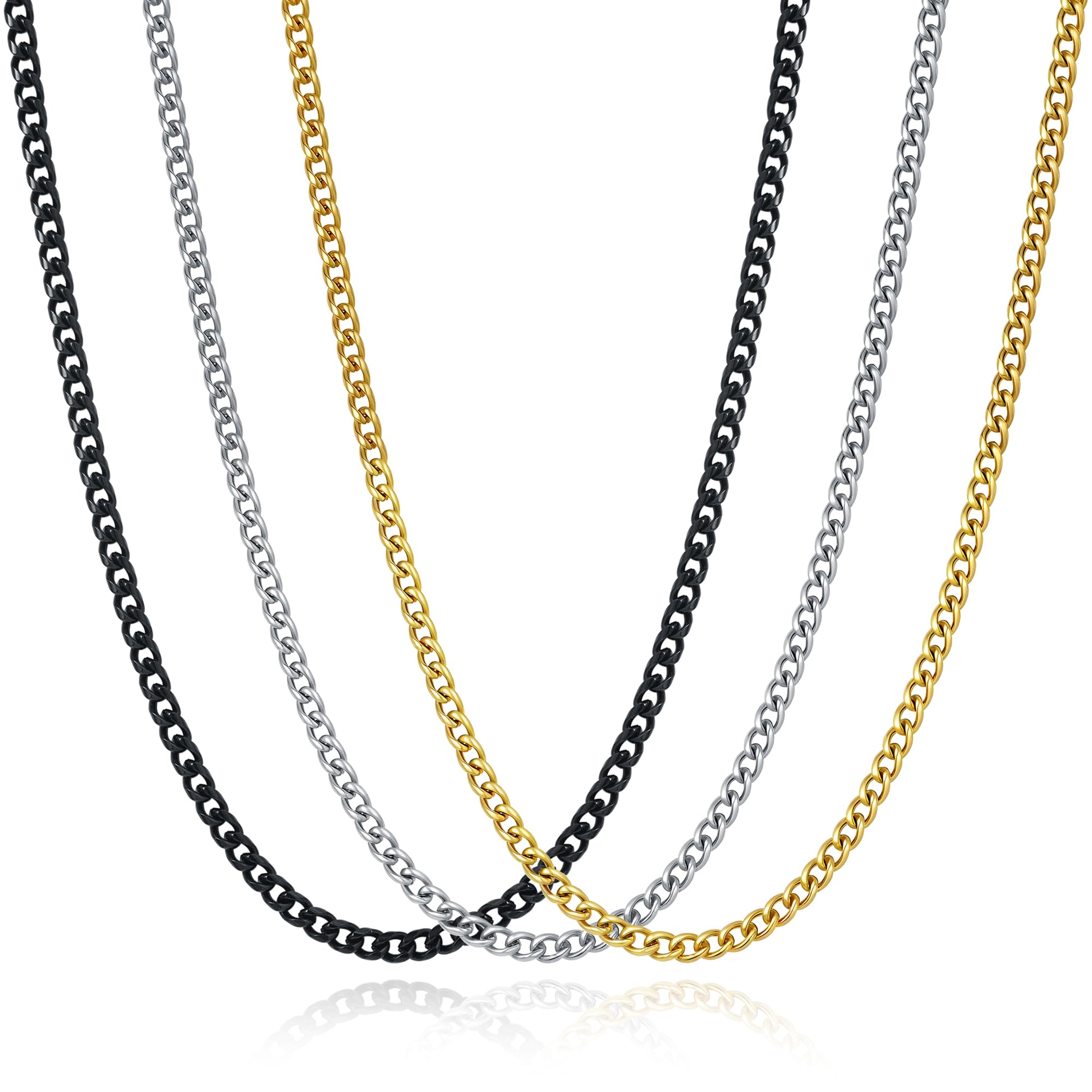 Awrovi 3 Pcs Cuban Link Chain Necklace for men, 4mm Stainless Steel Silver Black and 18K Gold Plated Chains Necklace men Women, 18 Inches