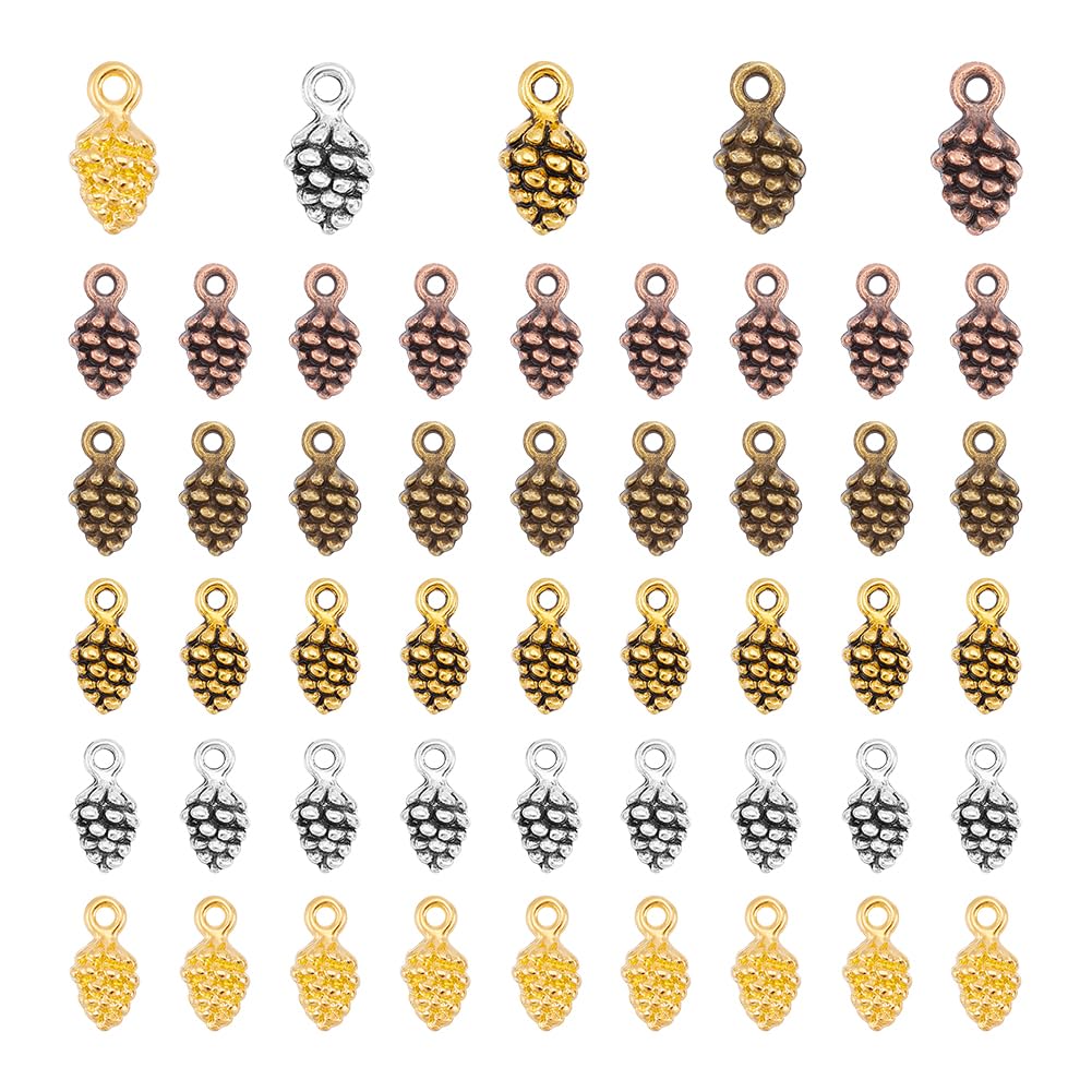 UNICRAFTALE about 100Pcs Bulk Tiny Pine Cone Charms 5 Colors Tibetan Style Alloy Pinecone Pendants Christmas Charms Beads Pendants Fall Autumn Harvest Charm Bracelet Charm for Crafts Jewelry Making