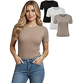 winkbay Women's 3 Pack Short Sleeve T Shirts Summer Crew Neck Ribbed Knit Dressy Casual Tops Basic Tees