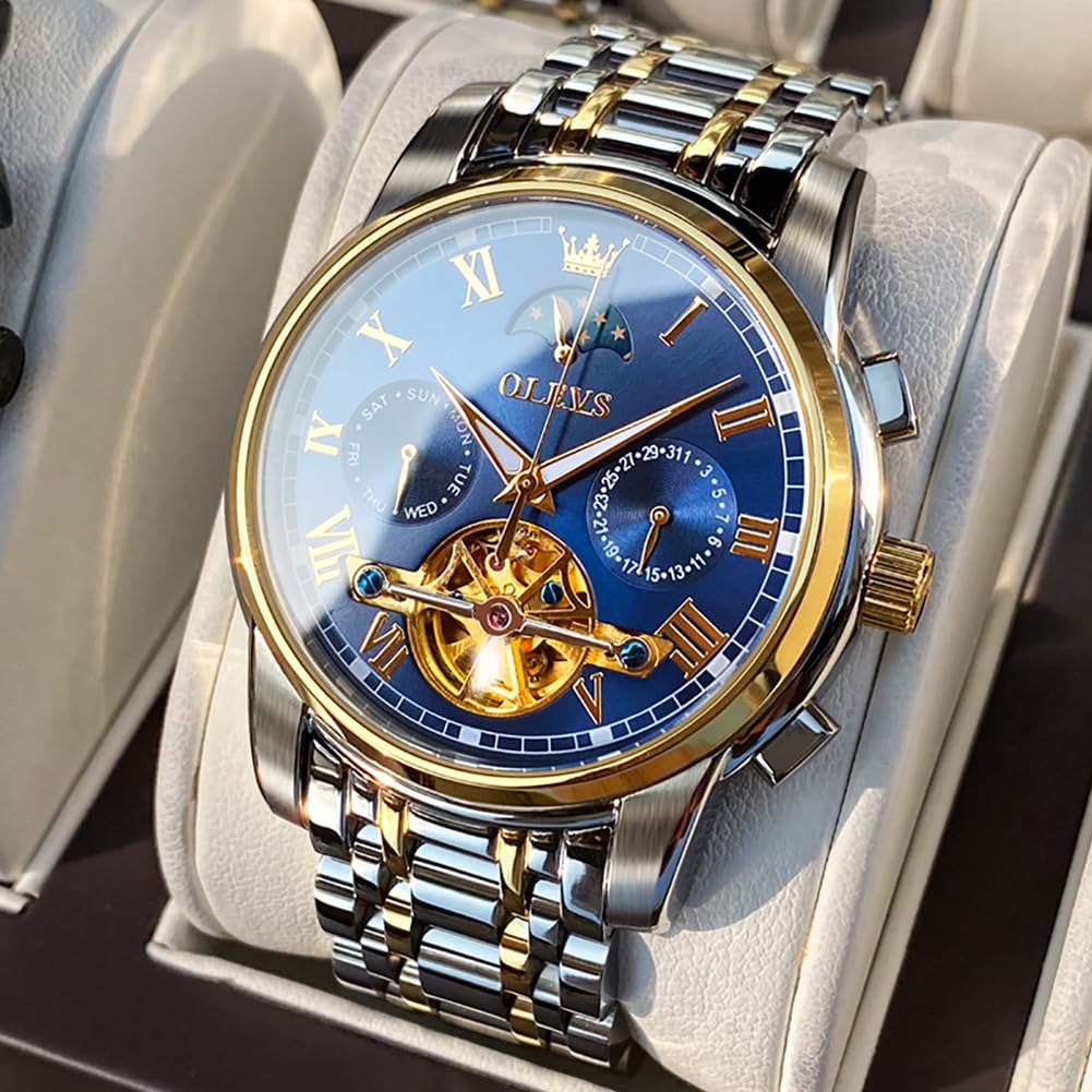 OLEVS Automatic Self-Winding Men's Watch With Date Day Calendar Display - Stainless Steel Skeleton Movement Tourbillon - No Battery Waterproof for Man