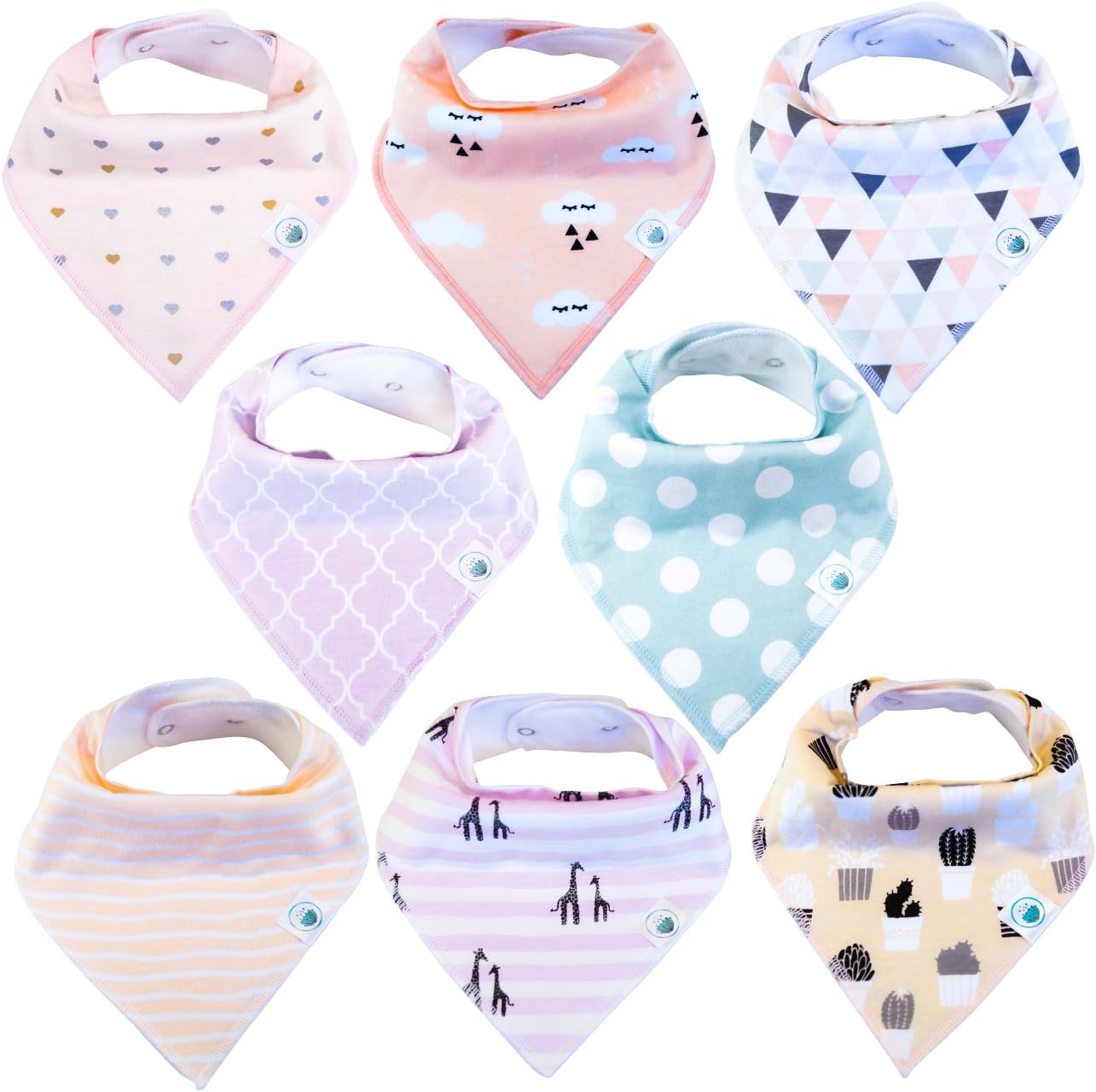 Baby Organic Bandana Drool Bibs 8 Pack for Girls, Hypoallergenic Absorbent Soft Cotton for Teething Baby Shower Gift Set, Newborn Registry Gift, Burp Cloth Pink Purple Heart Cloud Cactus (Blush)