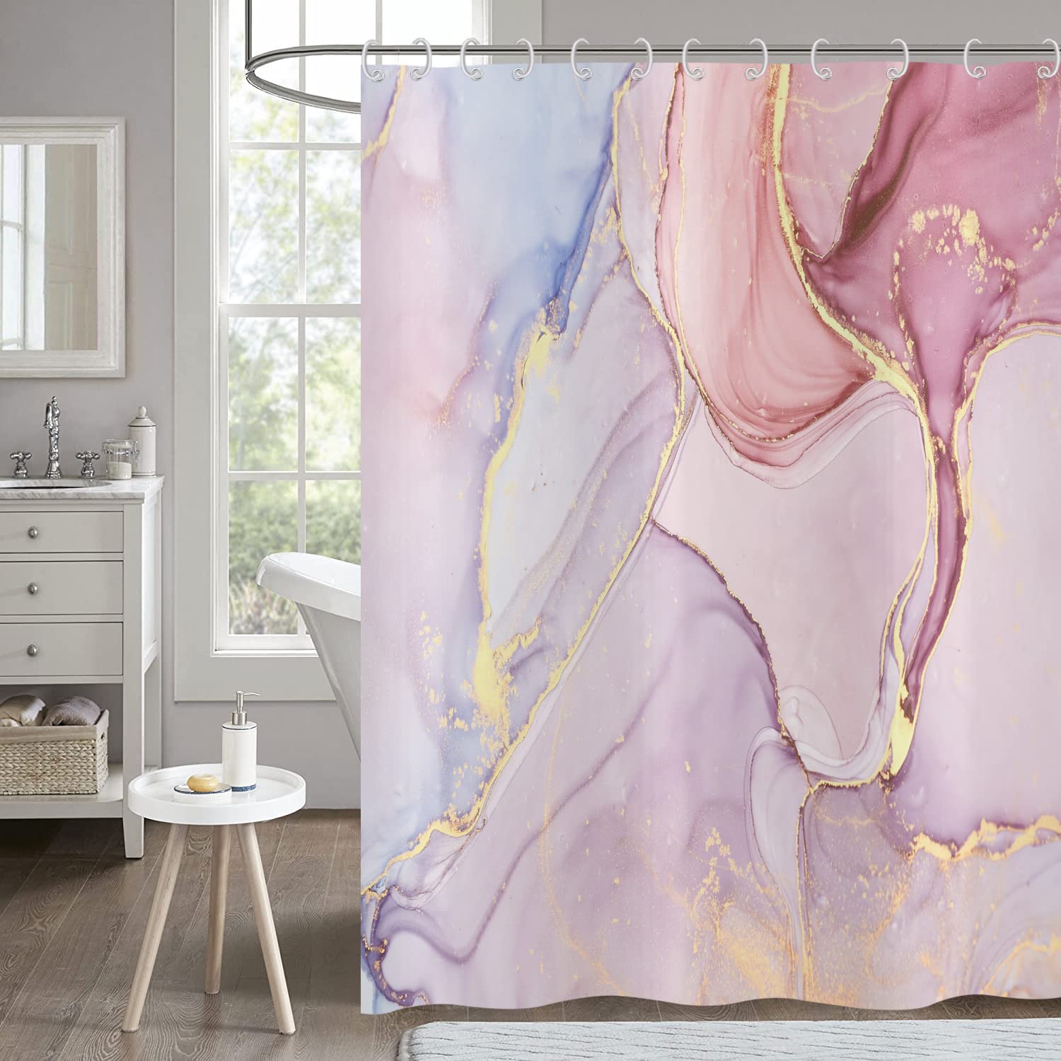 Pink Marble Shower Curtain 180x180, Hnmdmyi Abstract Rose Gold Purple Glitter Bathroom Curtains Modern Luxury Ombre Crystal Texture Ink Art Waterproof Polyester Fabric Washable Bath Curtain with Hooks