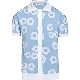 OXKNIT Mens Vintage Polo Shirts Casual Flower Pattern Knit Golf Polo Shirts Short Sleeve Jacquard Design