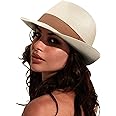 DRESHOW Women Straw Panama Hat Travel Fedora Beach Sun Hat Summer Wide Brim Straw Roll up Hat UPF 50+