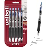 uniball&trade; 207 Gel Pens, Blue Ink, 0.7mm Medium Point, Retractable, 5 Count | Smooth Writing, Fraud-Resistant, uni Super Ink&trade;