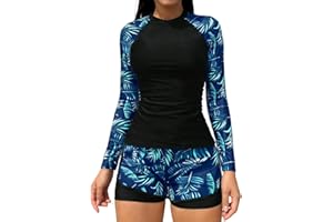 Rash Guard for Women Crewneck Long Sleeve Quick Dry Swimsuits Bathing Suit with Shorts UV UPF 50+ Swim Shirt