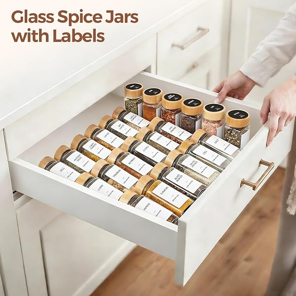 COMSAF GLASS SPICE JARS WITH WITH LABELS 4 OZ 24 PACK BAMBOO LIDS BULK SET