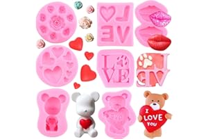 ZIXIANG Valentine's Day Fondant Molds Wedding Fondant Cake Molds Bear Heart Love Lips Rose Flower Candy Silicone Molds For Chocolate Cake Decorating Cupcake Topper Polymer Clay Gum Paste Set Of 7