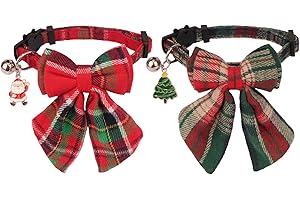 PTDECOR Christmas Cat Collars, Red Green Plaid Xmas with Removable Bowtie, Breakaway Plaid Bow Christmas Collars for Cats Kittens