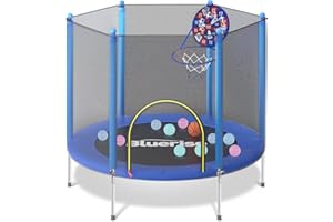 BLUERISE 55IN 6FT Toddler Trampoline for Kids Indoor Outdoor Play for Kids Trampoline Basketball Hoop Attachment with Enclosure Net Easy to Assemble