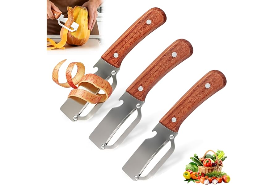 3 PCS Peeler with Wooden Handle, Bottle Opener, Vegetable Fruit Skin Peeling, Stainless Steel Blade Kitchen Tool