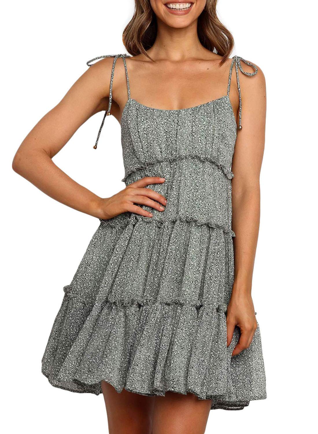 Happy Sailed Women Spaghetti Strap Dresses V Neck Layered Ruffled Sleeveless Boho Dress