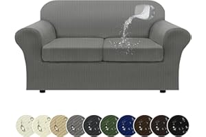 Pfrstuv 100% WaterproofLoveseat Cover 3-Piece Set Striped Loveseat Slipcovers for 2 Cushion Couch Sofa Covers with TPU Leakproof Bottom Stretch Couch Protector Pet Proof - Loveseat, Gray