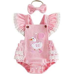Lamuusaa Half Birthday Outfit Baby Girl Lace Fly Sleeve Romper Headband | 1/2 Birthday Girl Outfit, Half Way to One Baby Girl
