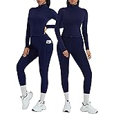 OMKAGI Workout Sets for Women Booty Leggings Matching Zipup Jacket Gym Outfits with Pockets