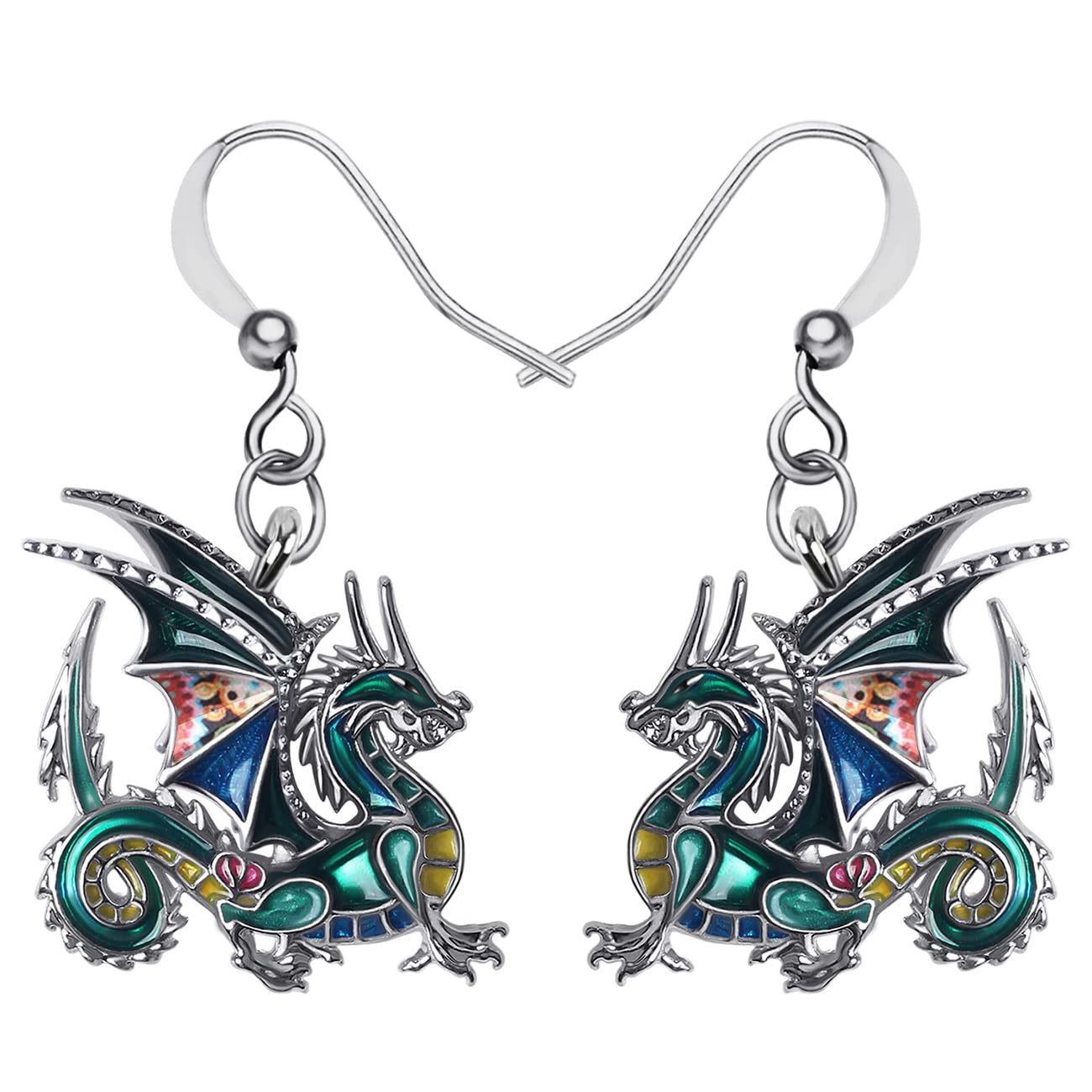 Enamel Alloy Fantasy Dragon Earrings Dinosaur Drop Dangle Fashion Jewelry For Women Girls Charm Gift (Green)