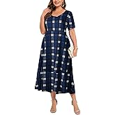 LARACE Plus Size Dresses for Women Summer Casual Short Sleeve Long Dress Flowy Maxi Beach Dresses with Pockets L-6XL