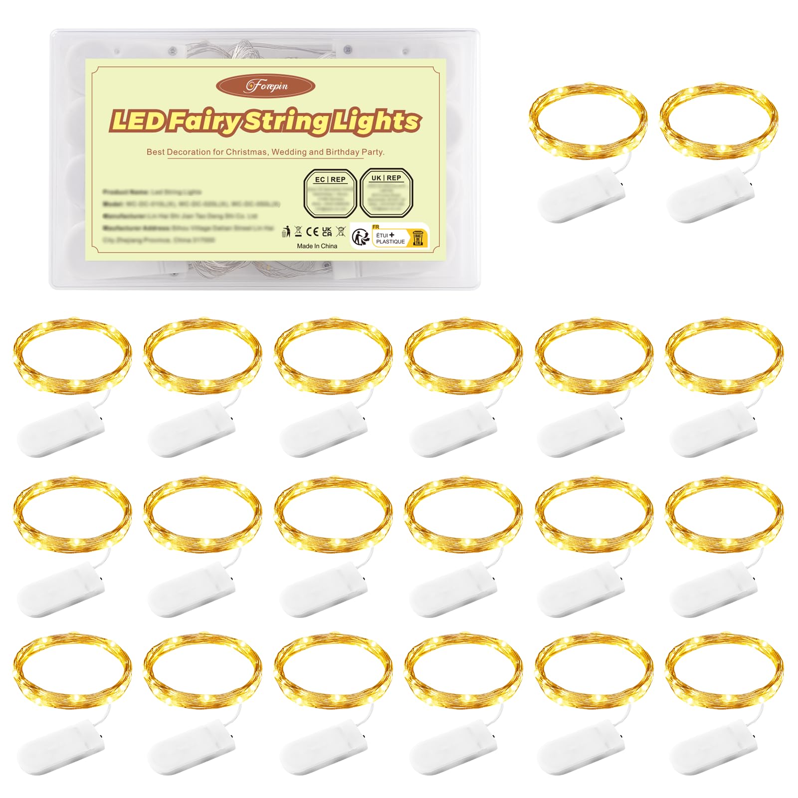 Forepin Fairy Lights, 20 Pack Battery Operated Fairy Lights, 1M Warm White String Lights Battery Powered Waterproof Copper Wire Lights for Indoor Bedroom Wedding Party Christmas Decoration