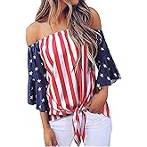 Taiduosheng Women's Cold Shoulder 4th of July Blouses USA Flag Tunic Tops Summer American Flag Shirt Plus Size