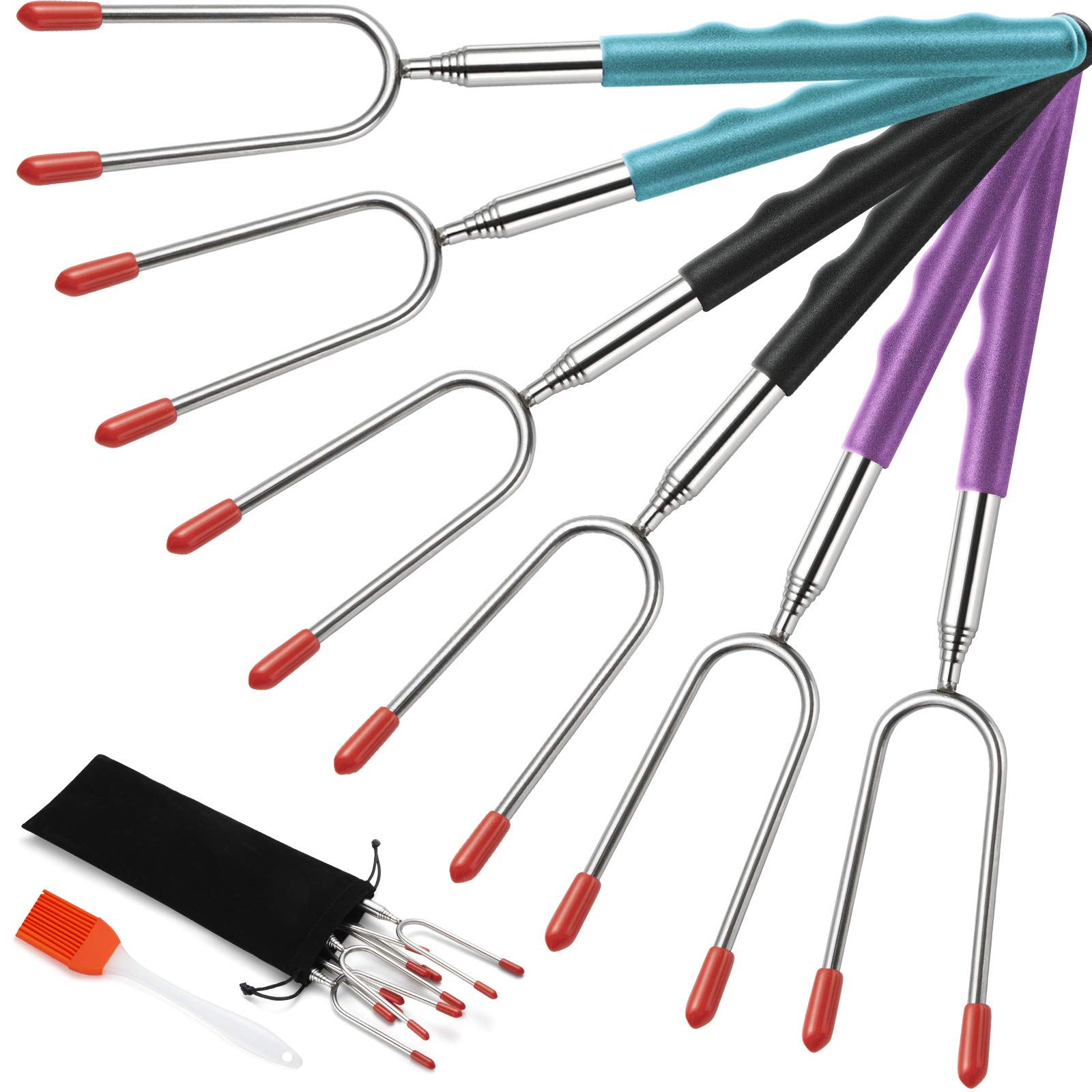 EXTSUD Barbecue Skewers Stainless Steel Pack of 6 Extendable BBQ Forks with Brush Grill Sticks Marshmallow Roasting Tray Campfire Camping Sticks 85 cm Extra Long for Corn, Hot Dogs, Kebab, Beef Skewer