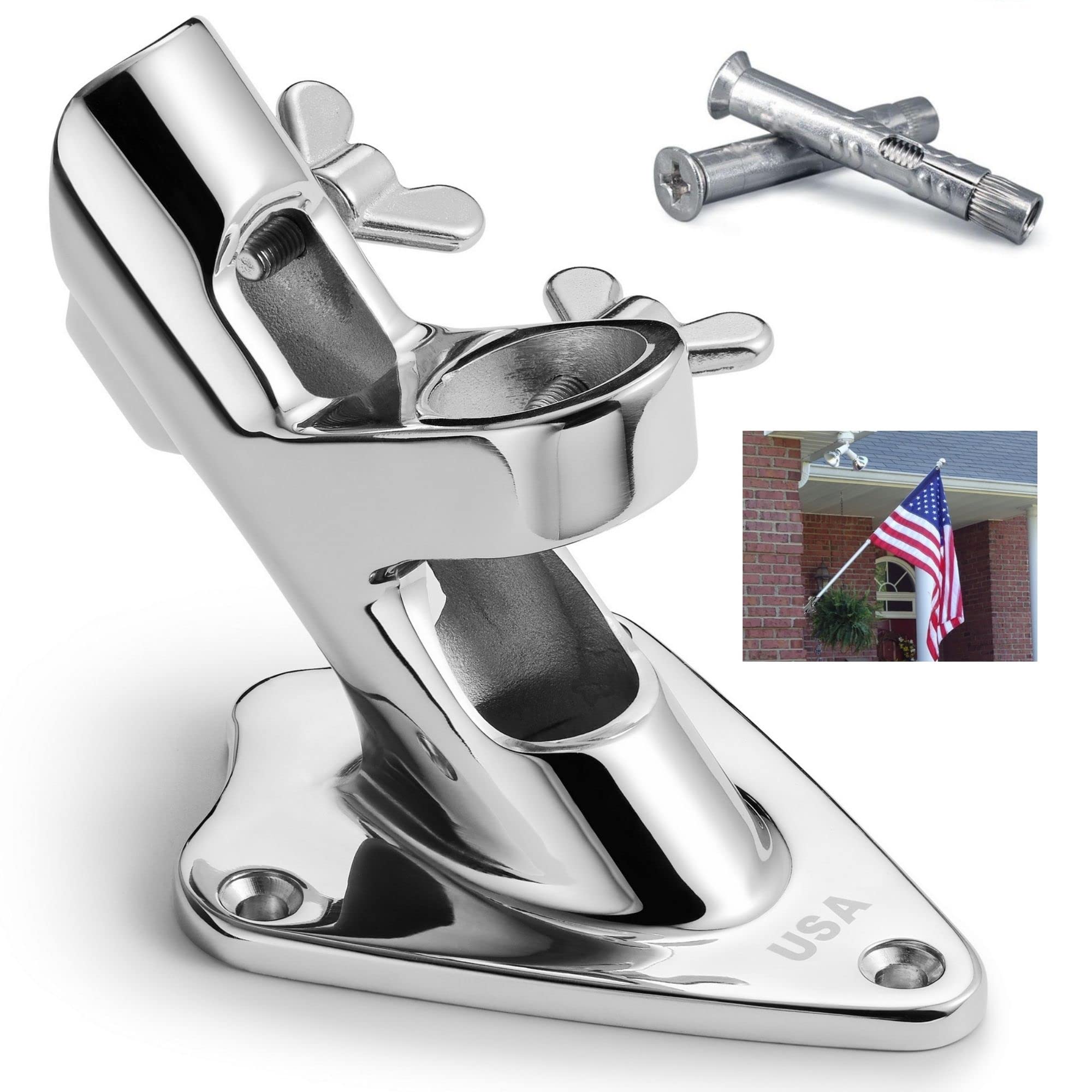Photo 1 of Flag Pole Holder, 316 Stainless Steel Heavy Duty Concrete Flag Pole Mount for House Outside, USA Wall Brick Flag Pole Bracket, 1 Inch