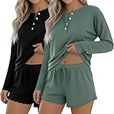 2 Pack Women's Waffle Pajama Sets Lounge Long Sleeve and Shorts PJ 2 Piece Set Lightweight Matching Loungewear Sleepwear