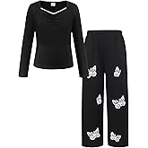 YOURUIKEY Girls' Clothing Set Lace V Neck Shirt Plaid Butterfly Pants Kids Fall Winter Outfit Cute Clothes for Girl Size 8-12