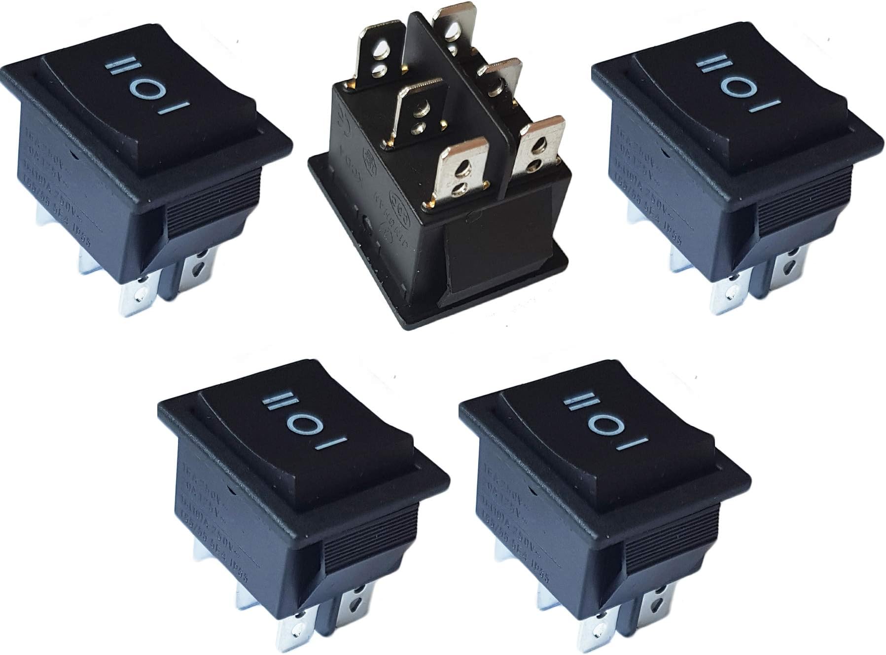 16A 250 VAC 5 Packs of ON-Off-ON Rectangle Square Rocker Switch Button Car Vehicle Boat Dashboard Switches (5, 6 Pin 3 Way-Black-Square)