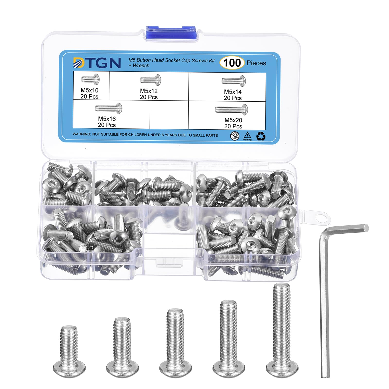 DTGN 100Pack M5(D) Button Head Socket Cap Screws Kit - 10/12/14/16/20mm(L) 304 Stainless Steel Full Thread Hex Socket Cap Screw Assortment with S3 Wrench - Good for Machine