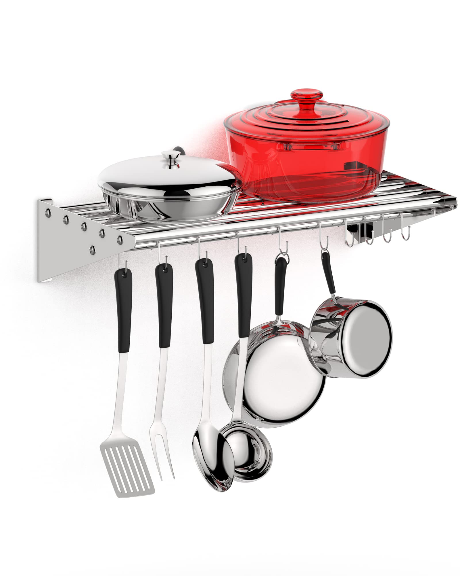 Photo 1 of *****STOCK PHOT REFERENC E ONLY********RIEDHOFF Metal Kitchen Rack for Storage and Organization, [NSF Certified] 12" x 24" Stainless Steel Wall Mount Shelf with 10 S Hooks for Hanging Pots, Pans, Cookware in Home and Restaurant