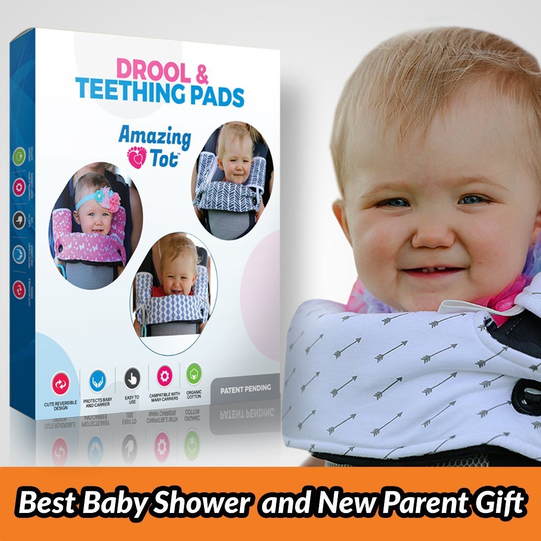 Drool and Teething Pad Reversible Organic Cotton 3-Piece Set Compatible with Ergobaby Four Position 360 Baby Carrier (Grey and White Arrows) [Patent Pending]