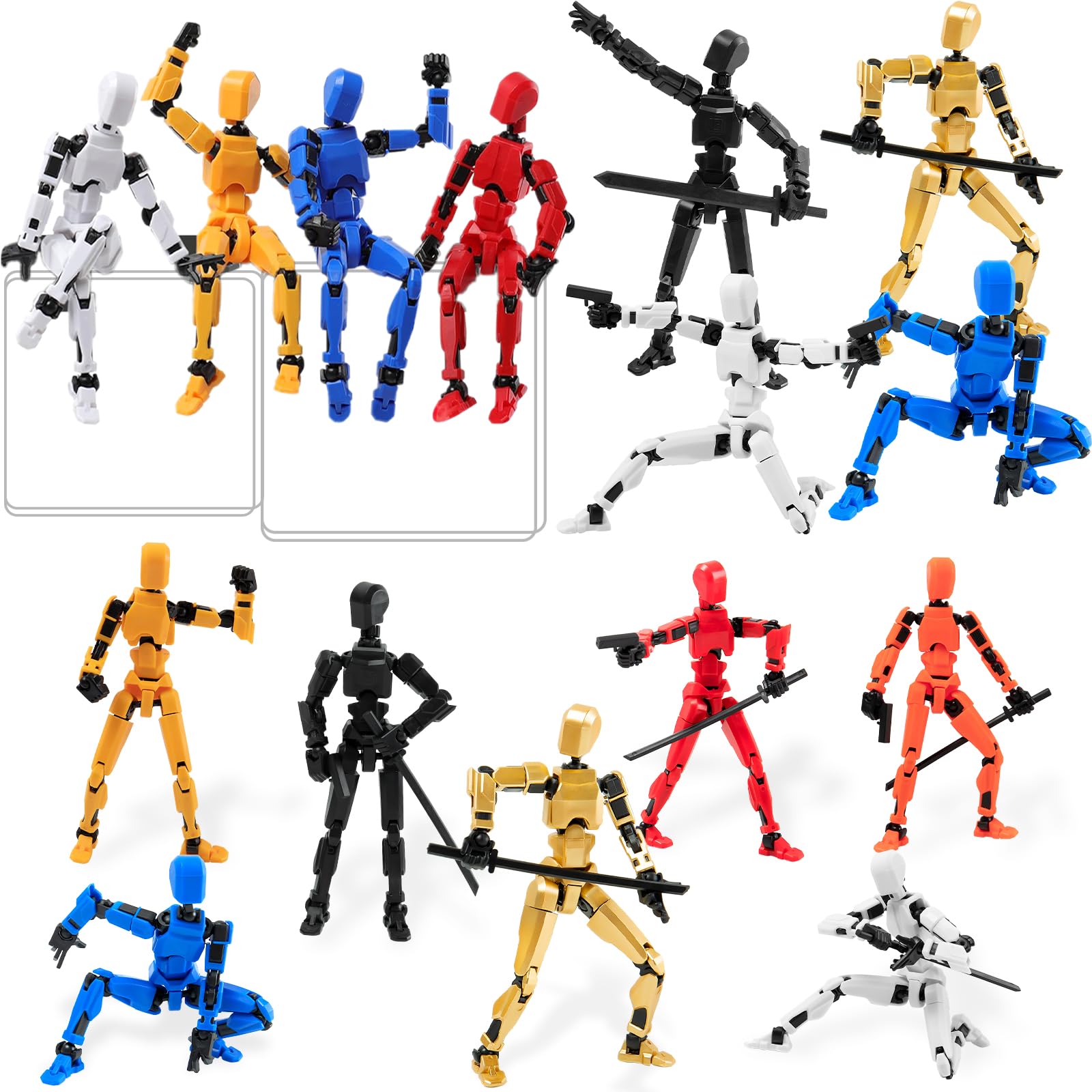 4Pack Assembled Titan T-13 Action Figures Set - Lucky Dummy Nova 13 Action Figure Robot Anime Stick Figures Fidget Toys for Boys Multi Movable Joints Gifts Toys for Kids (Golden+White+Blue+Red)