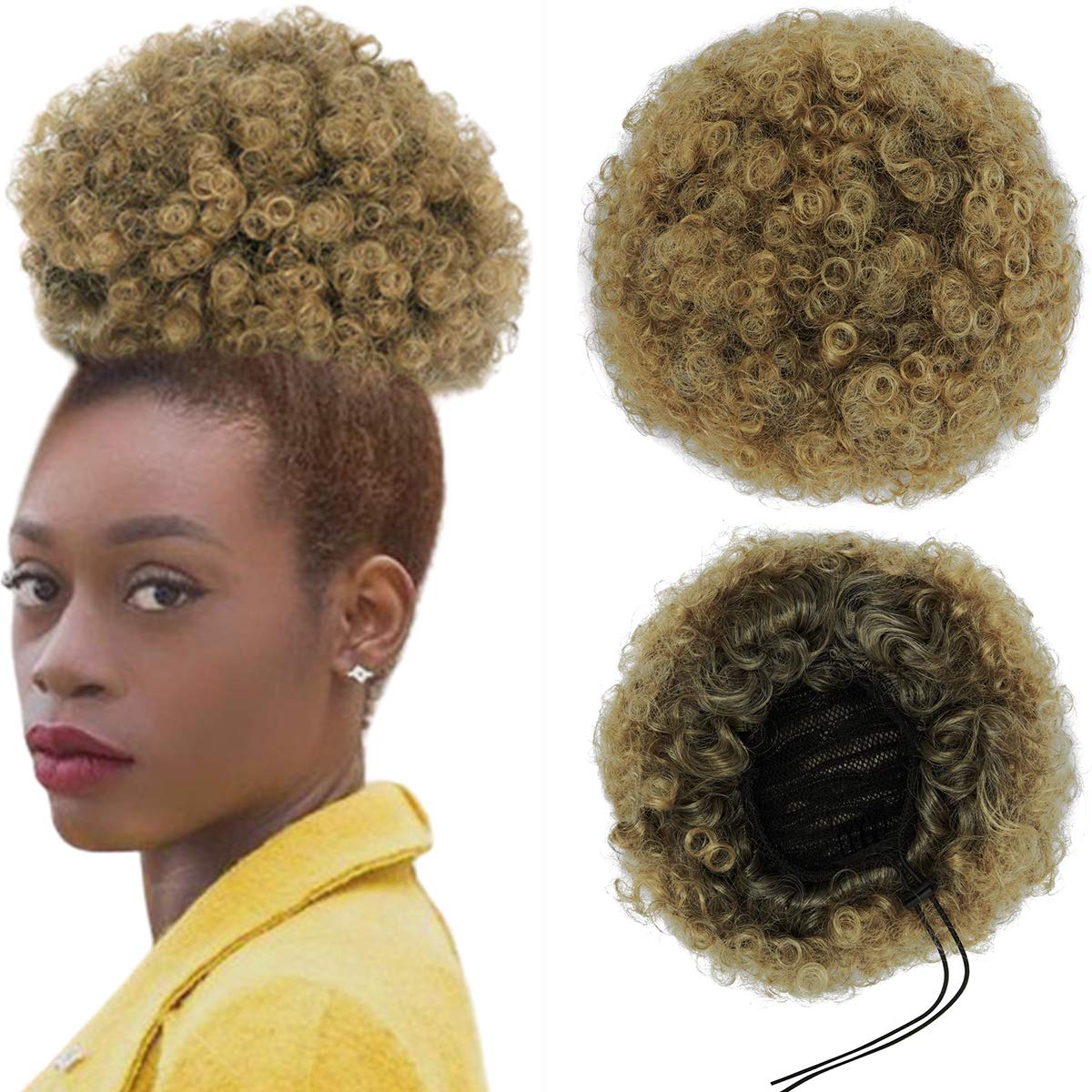 Synthetic Afro Puff Drawstring Ponytail Short Kinky Curly Hair Bun Donut Chignon Hairpiece Wig Updo Clip in Bun Ponytail Extensions Large Size