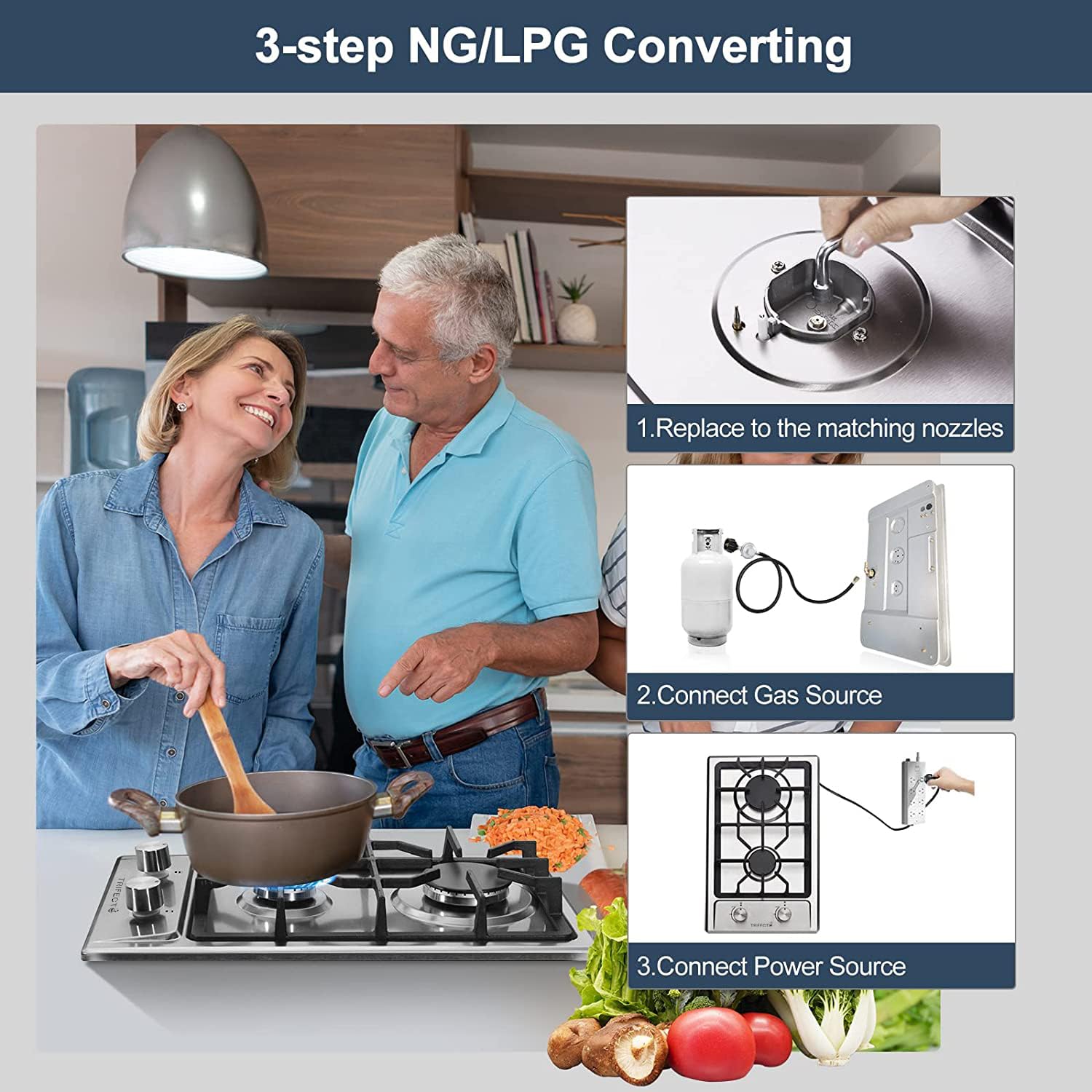 Trifecte 12 Inch Stainless Steel Gas Cooktop with 2 Italy Sabaf Sealed Burners, Portable Gas Stove Top for Apartment Outdoor RVs, NG/LPG Convertible Thermocouple Protection(Gas Regulator Not Included)