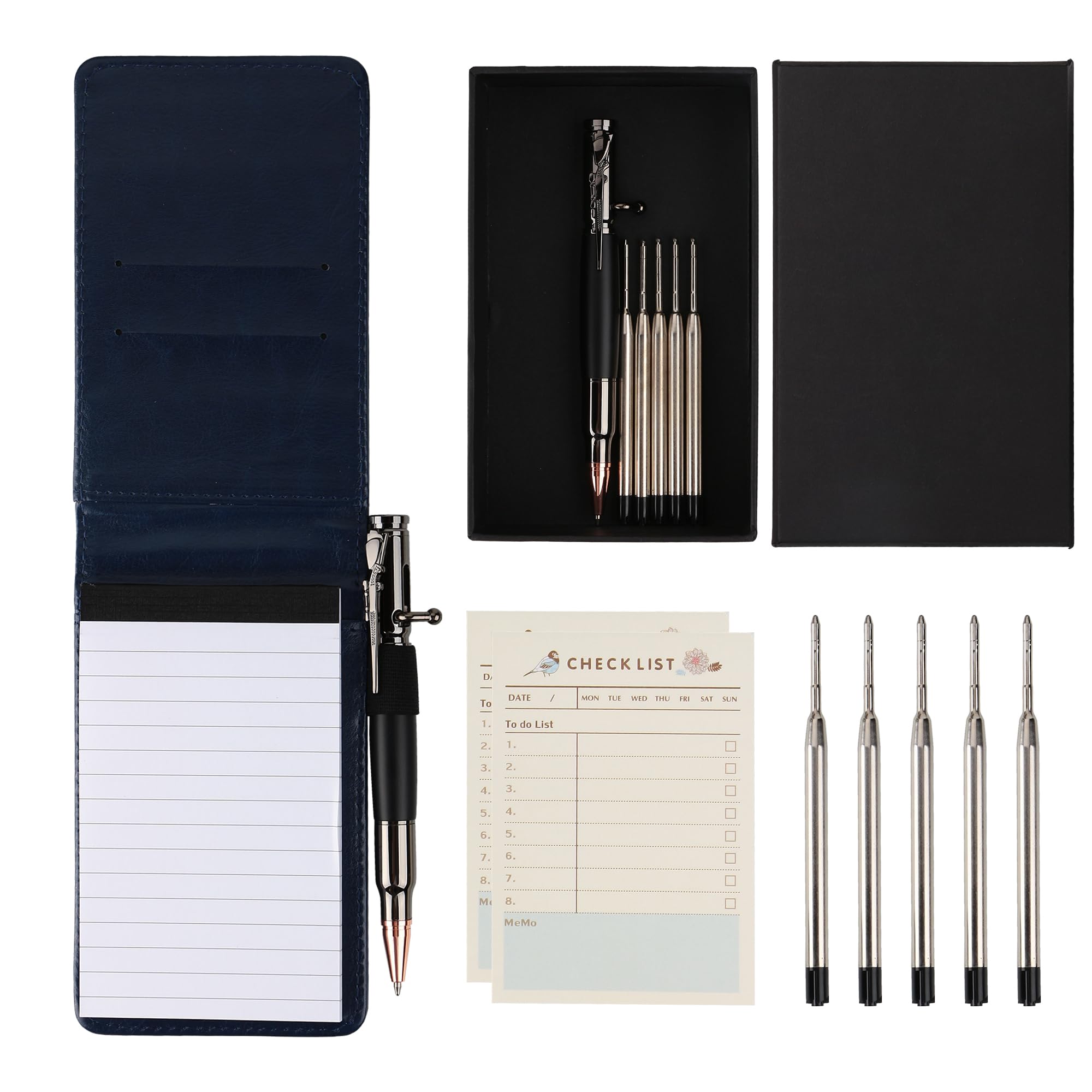 SMOOTHERPRO 9 PCS Mini Notepad Holder Set | Included Weighted Bolt Action Pen with Extra 5 Refills 50 Sheets Memo Book 60 Sheets to Do List 60 Sheets Weekly Schedule | Blue (MN135BL)