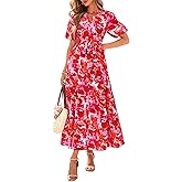 BTFBM Summer Dresses for Women 2026 Boho Short Sleeve V Neck Button Belt Flowy Spring Clothes Beach Vacation Maxi Dress