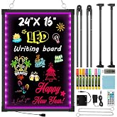 LED Menu Board, 24" x 16" LED Writing Board with Remote Control, Flashing Illuminated Neon Effect Sign Board for Menu - Includes 8 Fluorescent Chalk Markers &amp; Eraser for Restaurant, Bar, Shop, Cafe