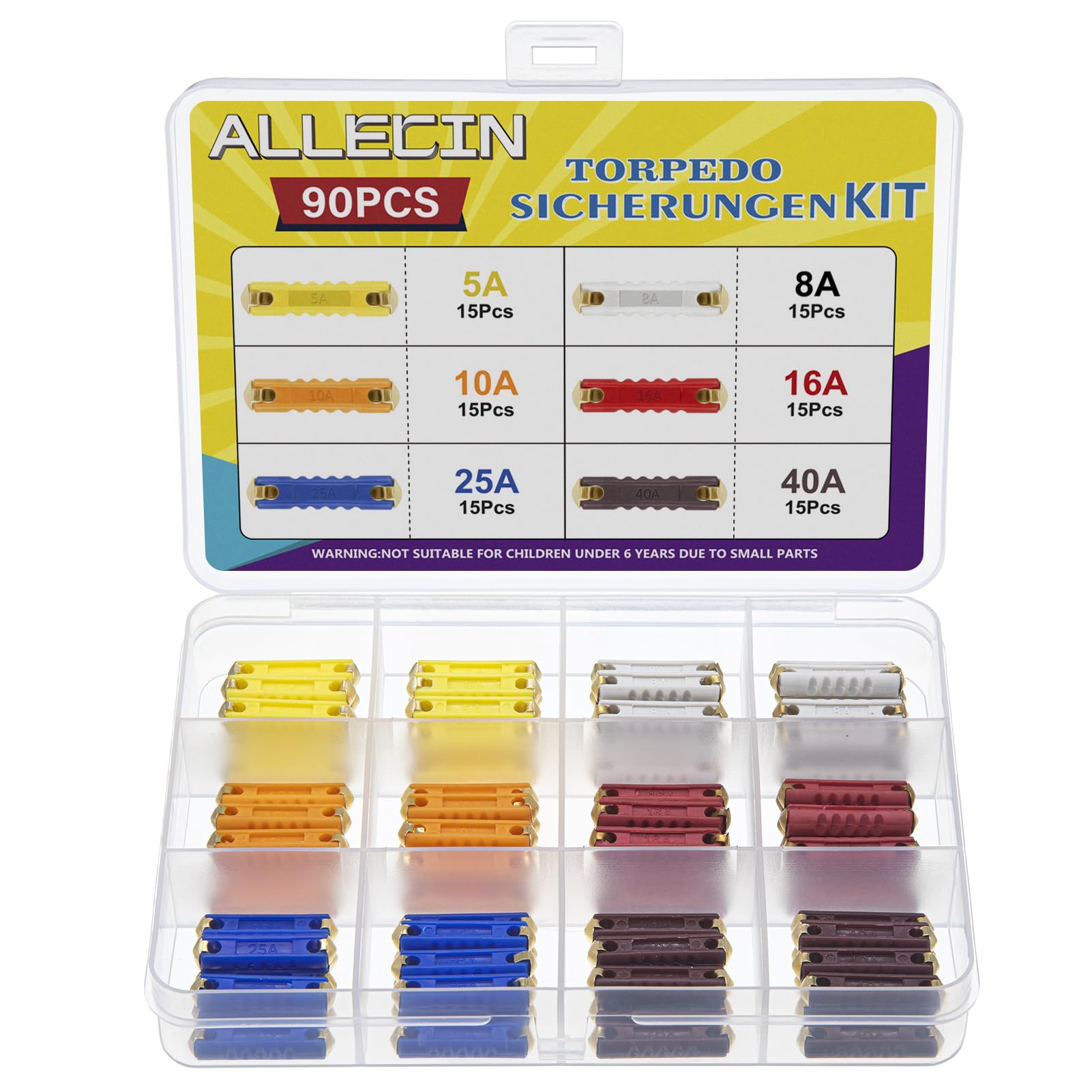 ALLECIN 6 Values Torpedo Fuses Kit 5A 8A 10A 16A 25A 40A Torpedo Type Automotive Fuse Set 5 8 10 16 25 40 Amp for Vintage Old Style Classic Cars (Pack of 90pcs)