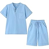 POBIDOBY Boy's T-Shirt and Shorts Set Cotton Linen Summer Short Sleeve Children Two Pieces Clothing Pants Sets