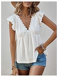 SweatyRocks Women's Lace Trimmed V Neck Ruffled