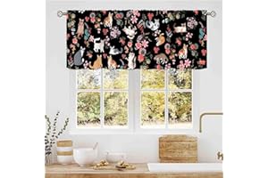Cat Valance, Watercolor Floral Cute Cat Wildflower Lovely Kawaii Kitten Lovers Aesthetic Boho Black Rod Pocket Small Window C